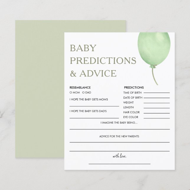 Baby Predictions | Green Balloon Baby Shower Game (Front/Back)