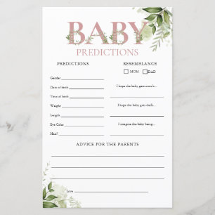 Baby Predictions Greenery Pink Baby Shower Game