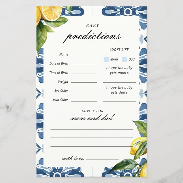 Baby Predictions Lemon Positano Baby Shower Game (Front)