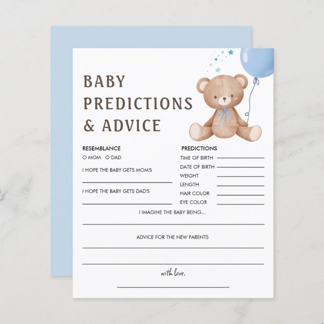 Baby Predictions | Teddy Bear Boy Baby Shower Game (Front/Back)