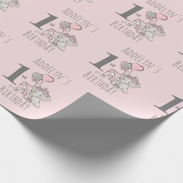 Baby Princess Elephant Girl Pink 1st Birthday Wrapping Paper (Corner)