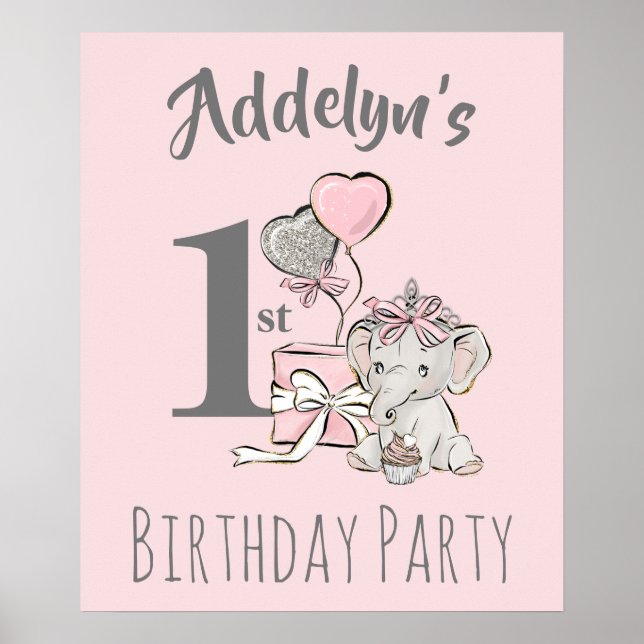 Baby Princess Elephant Girl Pink Gray 1st Birthday Poster (Front)