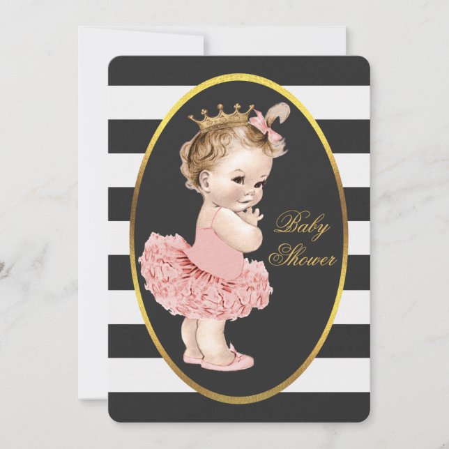 Baby Princess in Tutu Black White Stripes Gold Invitation (Front)