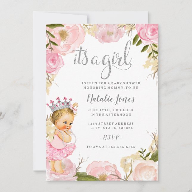 Baby Princess It's a Girl Pink Rose Baby Shower Invitation (Front)