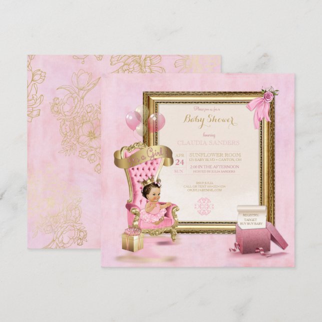 Baby Princess Tutu Crown Gold Pink Royal Invitation (Front/Back)