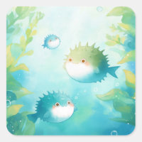 Baby Pufferfish in Underwater Green Kelp Forest