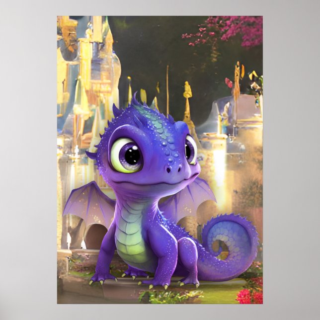 Baby Purple Dragon And Fantasy Mediaeval Castle Poster (Front)