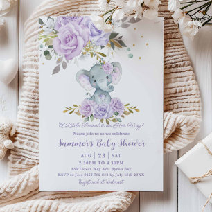 Baby Purple Floral Cute Elephant Girl Baby Shower Invitation