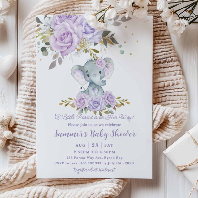 Baby Purple Floral Cute Elephant Girl Baby Shower Invitation (Creator Uploaded)