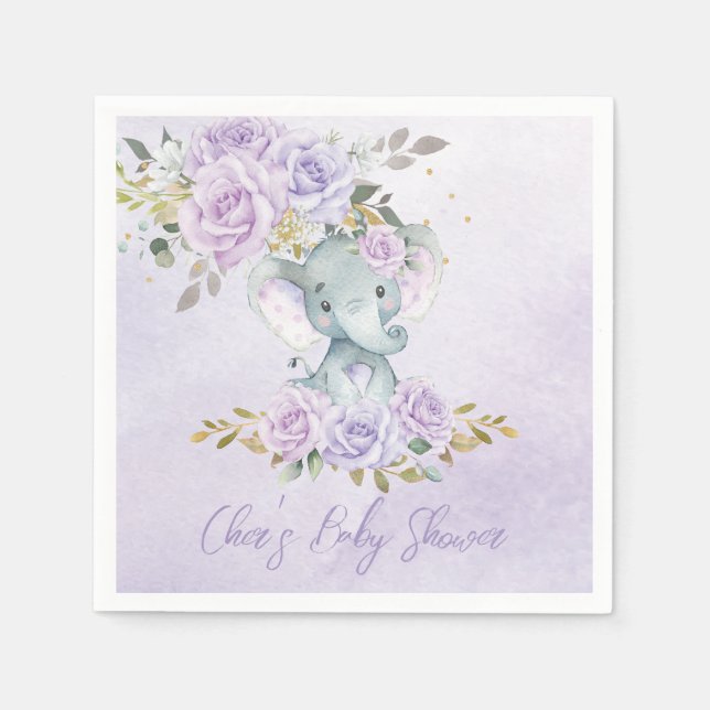 Baby Purple Floral Elephants Twins Baby Shower Napkin (Front)