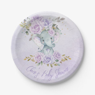 Baby Purple Floral Elephants Twins Baby Shower Paper Plate