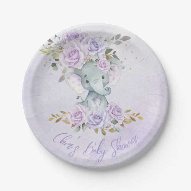 Baby Purple Floral Elephants Twins Baby Shower Paper Plate (Front)