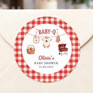 Baby Q Baby Shower Gingham Clothesline & Grill Classic Round Sticker