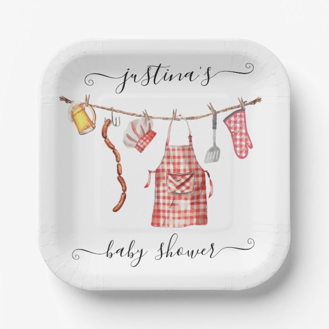 Baby-Q barbecue Clothesline Baby Shower Paper Plate (Front)