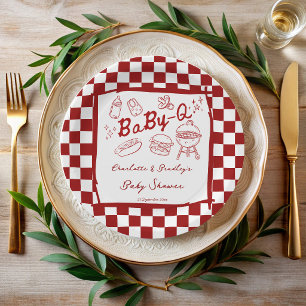 Baby q barbeque red checks baby shower paper plate