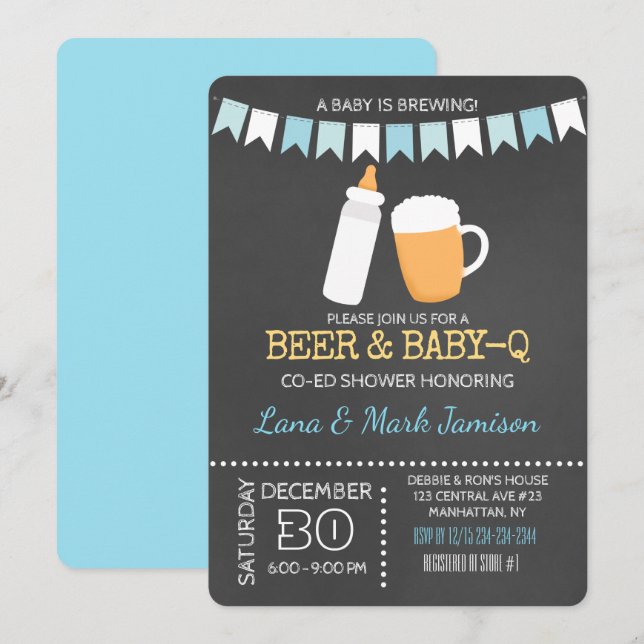 Baby-Q BBQ Beer Shower Invite (Blue Back) (Front/Back)