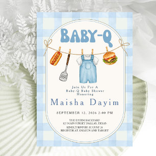 Baby-Q Blue Gingham Clothesline Baby Shower Invitation
