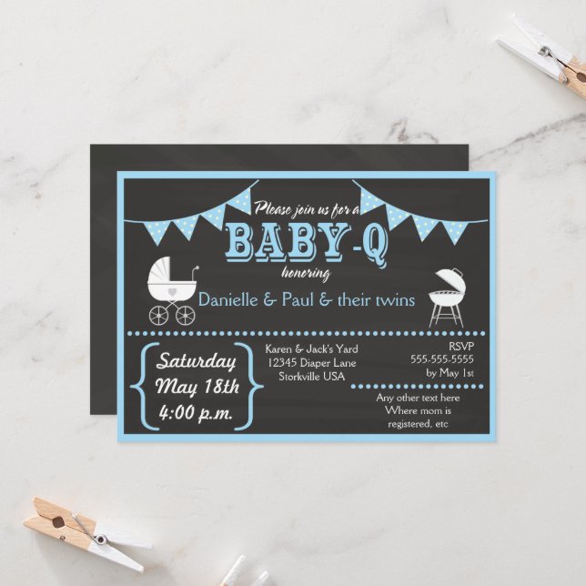 Baby-Q Chalkboard Blue Baby Shower Invitation (Front/Back In Situ)