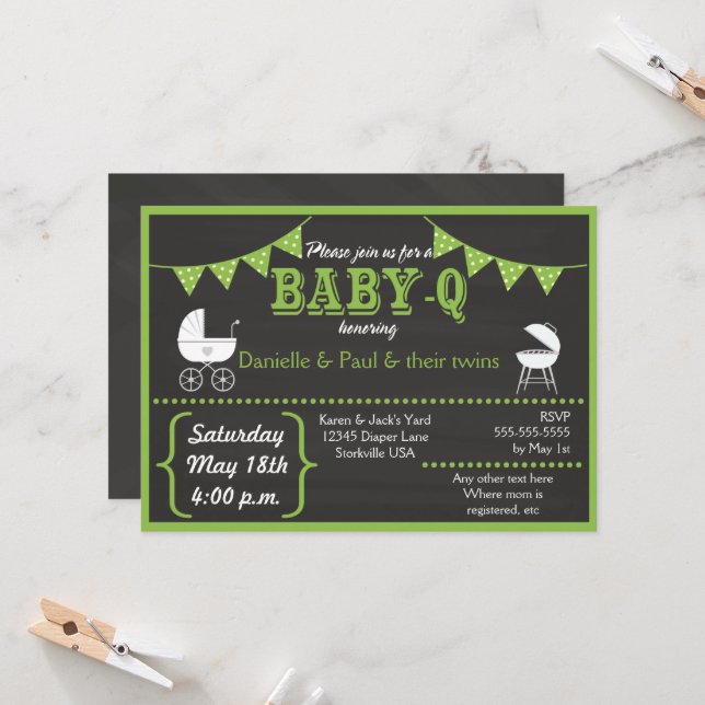 Baby-Q Chalkboard Green Baby Shower Invitation (Front/Back In Situ)