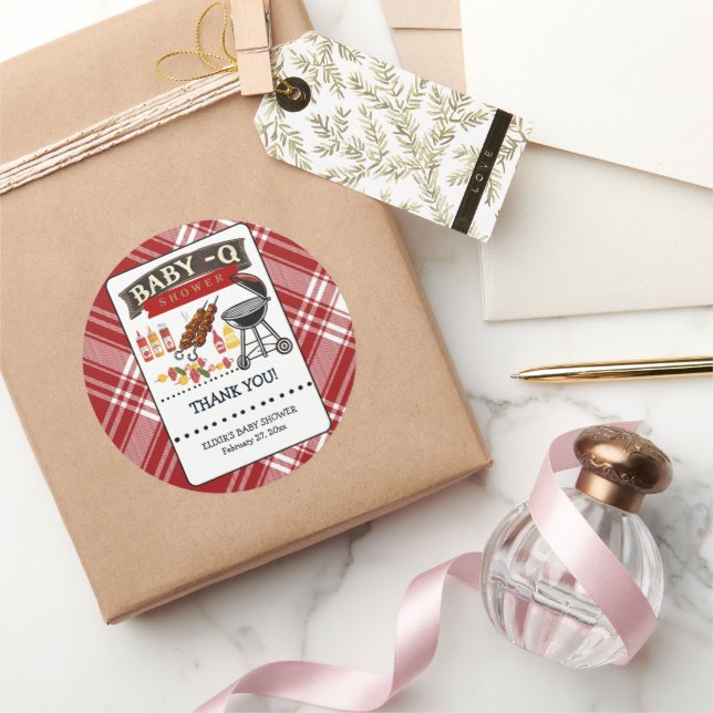 Baby-Q Chequered Red & Black Grill Baby Shower Classic Round Sticker (Gifting)