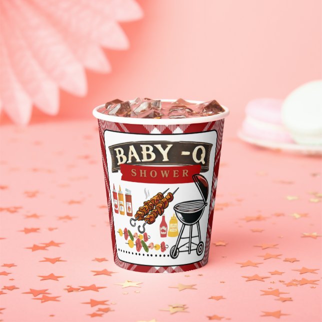 Baby-Q Chequered Red & Black Grill Baby Shower Paper Cups (Insitu)