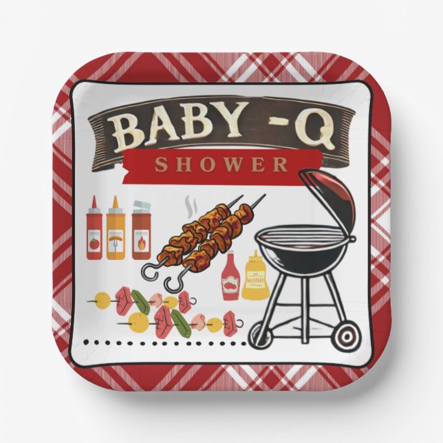 Baby-Q Chequered Red & Black Grill Baby Shower Paper Plate (Front)