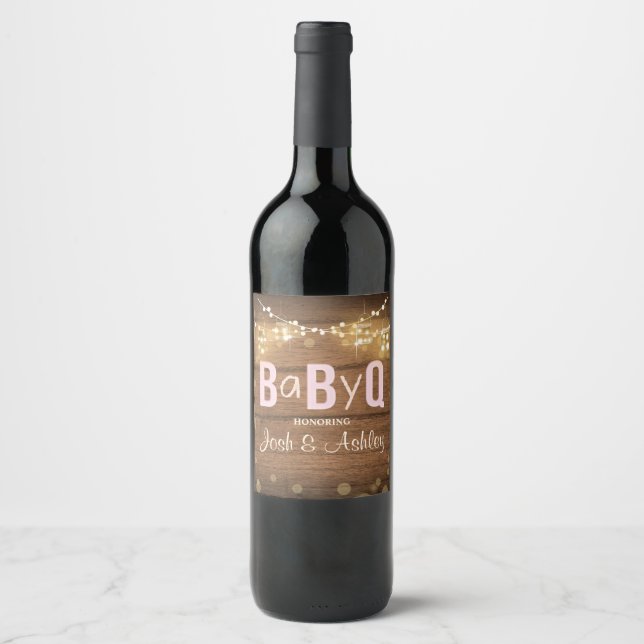Baby Q Coed BBQ Baby Shower Wine Bottle Label Wood (Front)