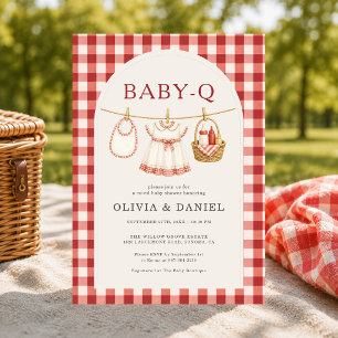 Baby Q Girl Clothesline Bow Gingham Baby Shower Invitation