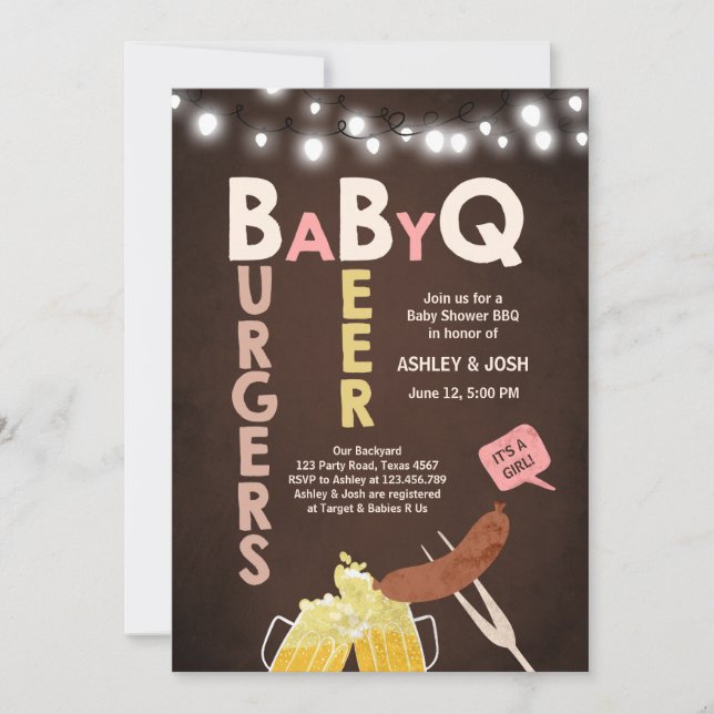 Baby Q invitation Coed BBQ Baby Shower Rustic Girl (Front)