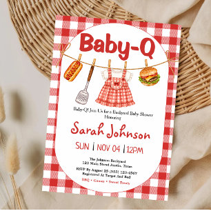 Baby-Q Red Gingham Clothesline Girl Baby Shower Invitation