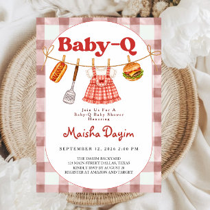 Baby-Q Red Gingham Clothesline Girl Baby Shower Invitation