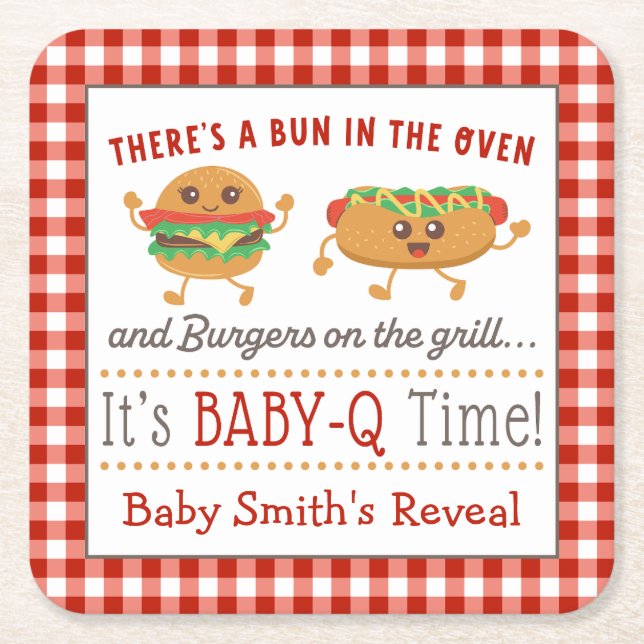 BABY-Q themed gender reveal napkins Square Paper Coaster (Front)