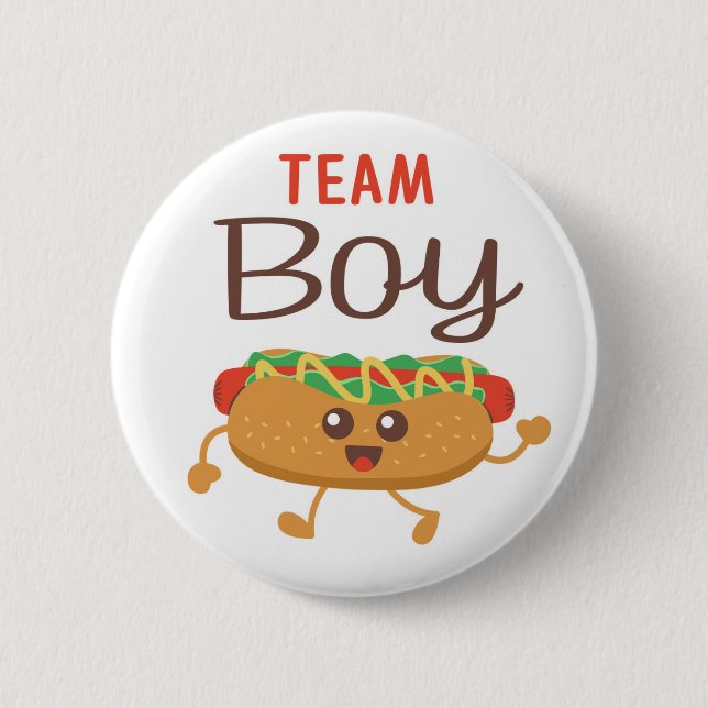 Baby-Q themed gender reveal Team Boy Hotdog button (Front)