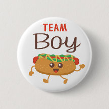 Baby-Q themed gender reveal Team Boy Hotdog button
