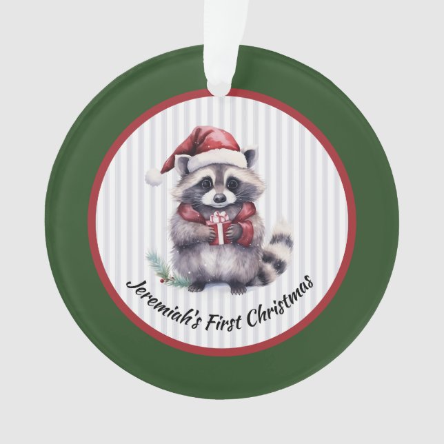 Baby Raccoon Holding Gift Child's First Christmas Ornament (Front)