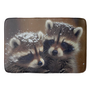 Baby Raccoons Huddle in Falling Snow Bath Mat