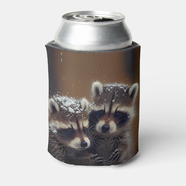 Baby Raccoons Huddle in Falling Snow Can Cooler (Can Back)