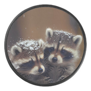 Baby Raccoons Huddle in Falling Snow Hockey Puck
