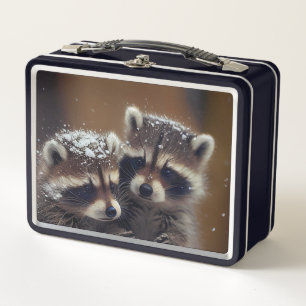 Baby Raccoons Huddle in Falling Snow Metal Lunch Box