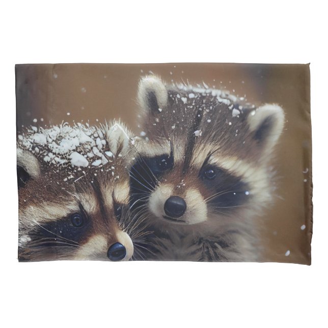Baby Raccoons Huddle in Falling Snow Pillowcase (Front)