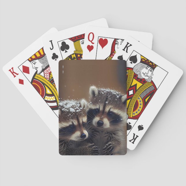 Baby Raccoons Huddle in Falling Snow Playing Cards (Back)