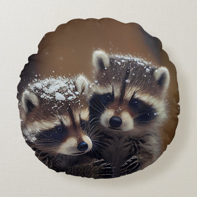 Baby Raccoons Huddle in Falling Snow Round Cushion (Front)