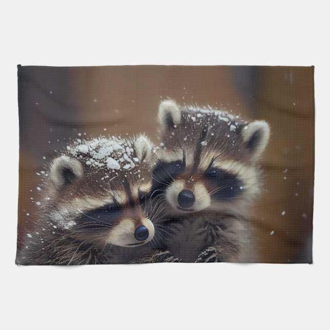 Baby Raccoons Huddle in Falling Snow Tea Towel (Horizontal)