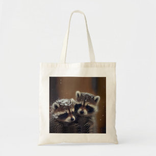 Baby Raccoons Huddle in Falling Snow Tote Bag