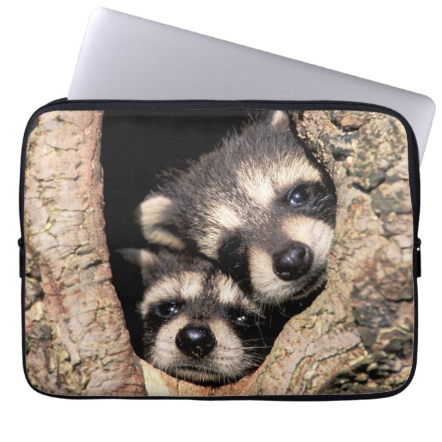 Baby Raccoons Peeking out of Tree Laptop Sleeve (Front)