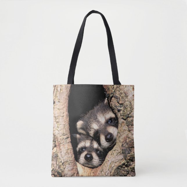 Baby Raccoons Peeking out of Tree Tote Bag (Front)