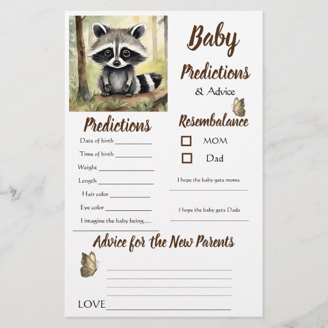 Baby Racoon Baby Predictions Advice Card (Front)