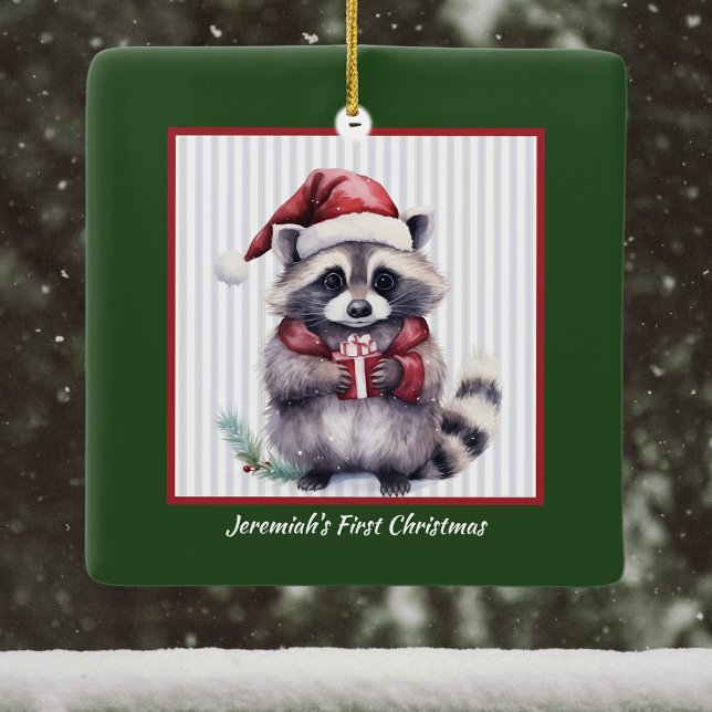 Baby Racoon Holding Gift Child's First Christmas Ceramic Ornament (Creator Uploaded)