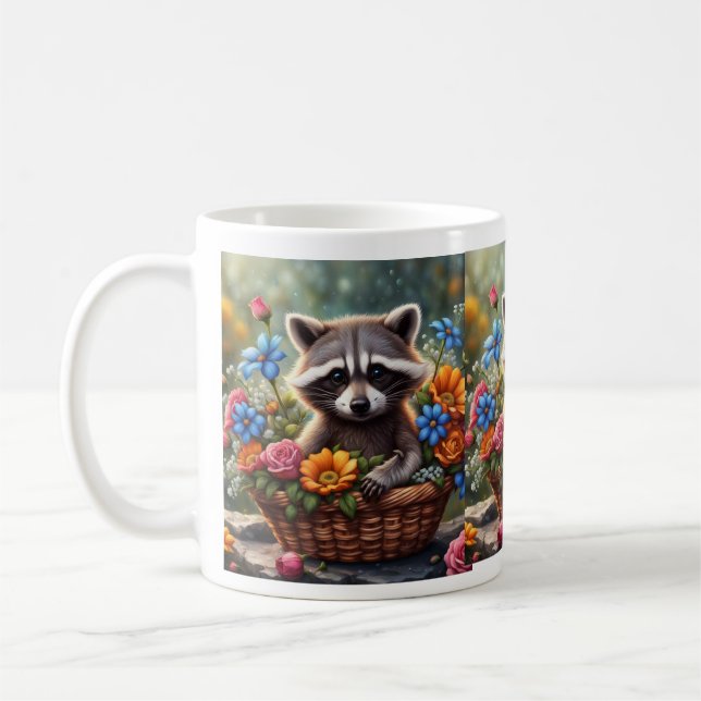 Baby Racoon in Flower Basket Mug (Left)