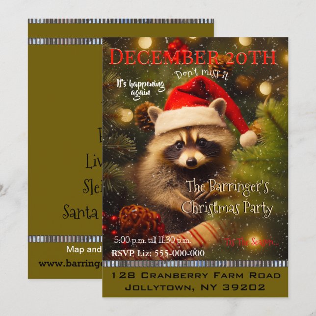 Baby Racoon Santa"s Christmas Party Invitation (Front/Back)